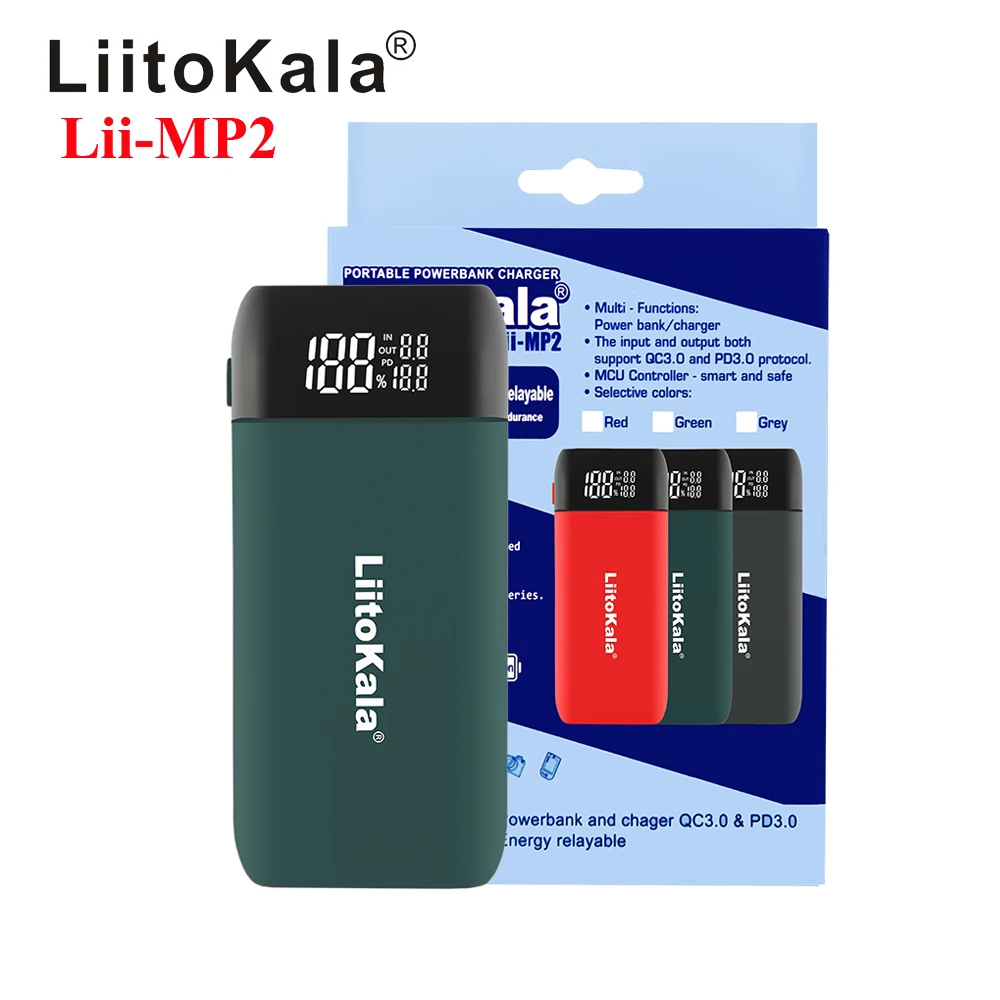 LiitoKala Lii-MP2 قوة البنك 18650 شاحن بطارية نوع C المدخلات QC3.0 شحن سريع شاحن 20700 21700 بطارية المحمولة شاحن