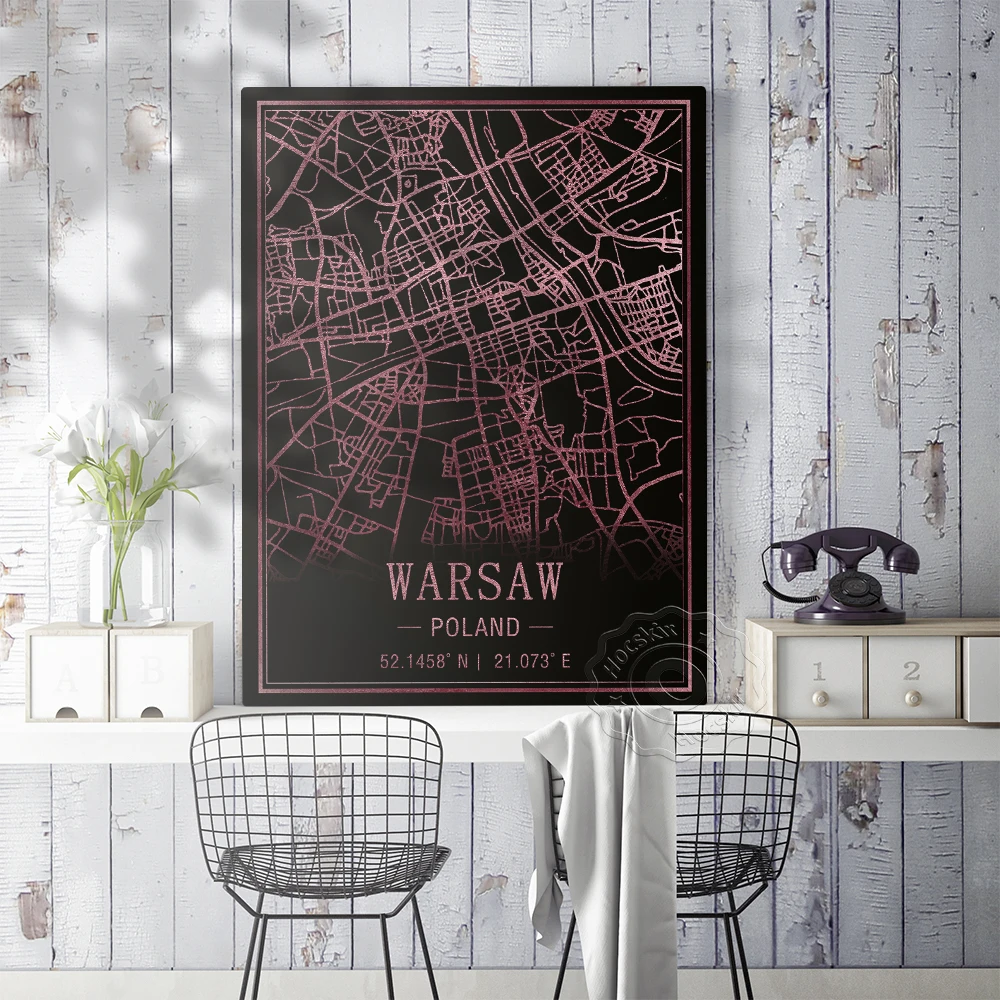 Warsaw Poland Art Map Poster, World Travel City Black Pink Art Map Decor Painting, Coffee Shop Office Bar Pub Club Decor Mural,