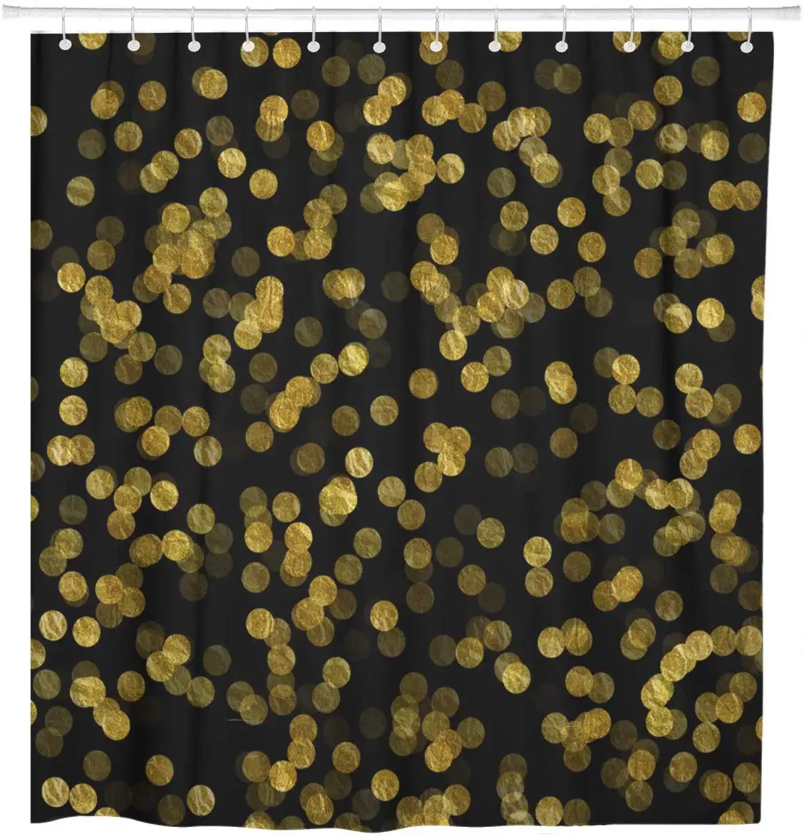 Circle Gold and Black Dots Faux Pattern Confetti Shiny Shower Curtain Waterproof Polyester Fabric 60 x 72 Inches Set with Hooks