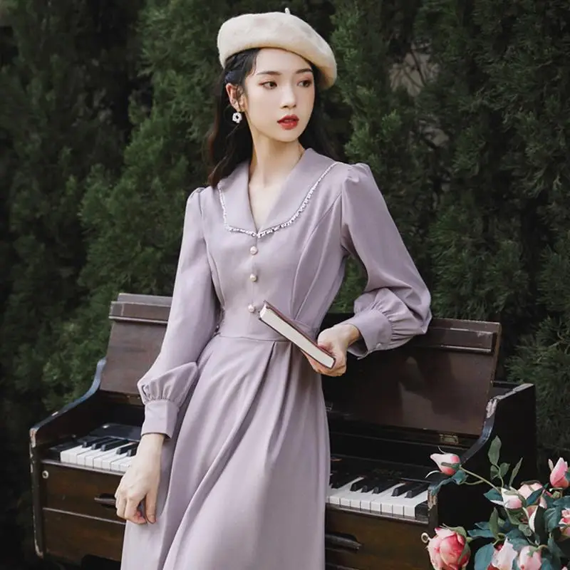 Spring and Autumn Women's French Dress 2021 New Temperament Retro Doll Collar Purple Medium Length Dress Women's Dressc  dress