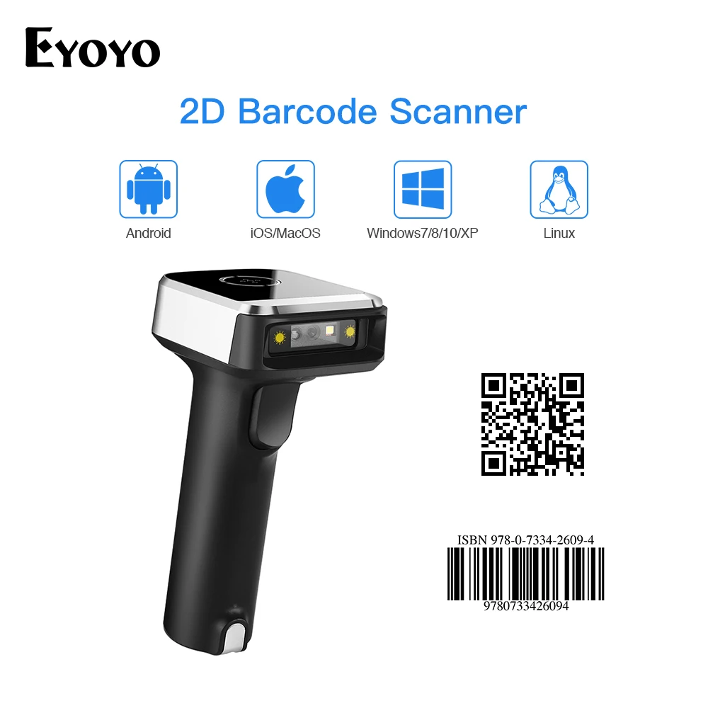 Eyoyo-1900 Barcode Scanner, Sem Fio, Leitor de Código de Barras, Bluetooth, PDF417, QR, 2D, Data Matrix, UPC Scanner, Coaxial