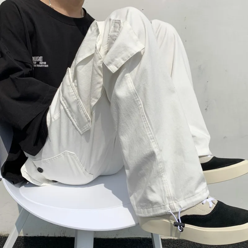Black Cargo Pants Men Fashion Loose Straight Wide Leg Pants Men Streetwear Hip-hop Pocket Casual Pants Mens White Trousers