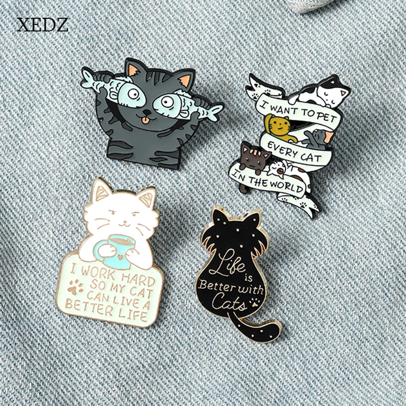 XEDZ Cartoon Cute Orange Cat Black Cat Enamel Pins Punk Fox Hard Work Life Animal Pet Adoption Metal Badge Jewelry Gift