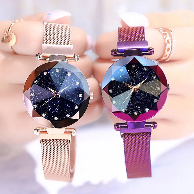 

Luxury Starry Sky Stainless Steel Mesh Bracelet Watches For Women Crystal Analog Quartz Wristwatches Ladies Sports Dress Clock