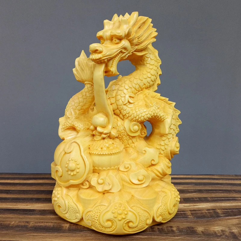 Panlong-Beaded Solid Wood Statue, Handmade Sculpture, Home Decoration Figurines, Lucky Dragon, 10cm