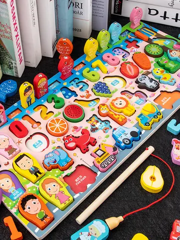 QWZ Kids Montessori Educational Wooden Math Toys Children Busy Board Count Shape Colors Match Fishing Puzzle Learning Toys Gifts
