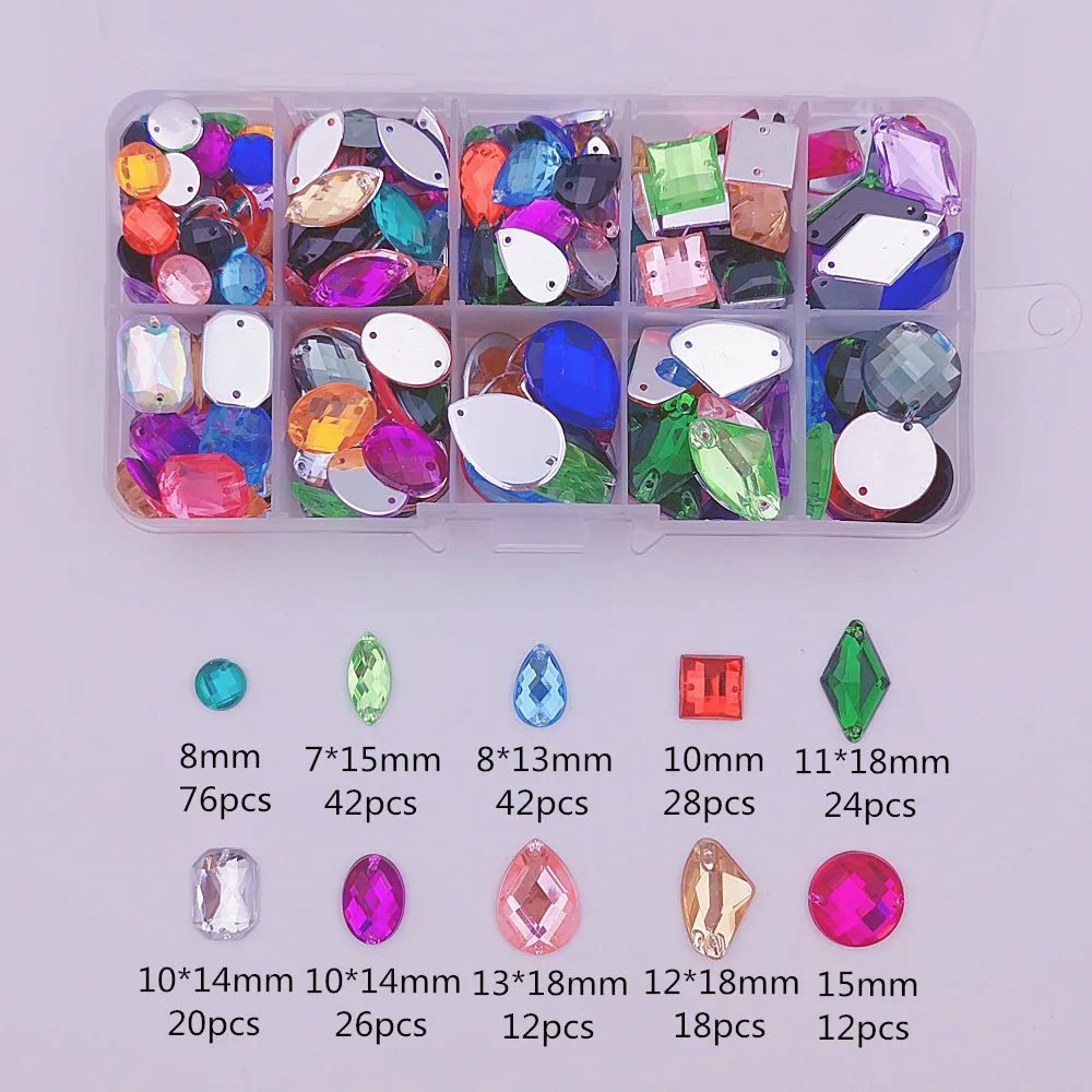 Multi-shape 10 Grids/Box 300pcs Acrylic crystal Flat Bottom Multi-size Sew On Rhinestones For DIY Wedding Dress