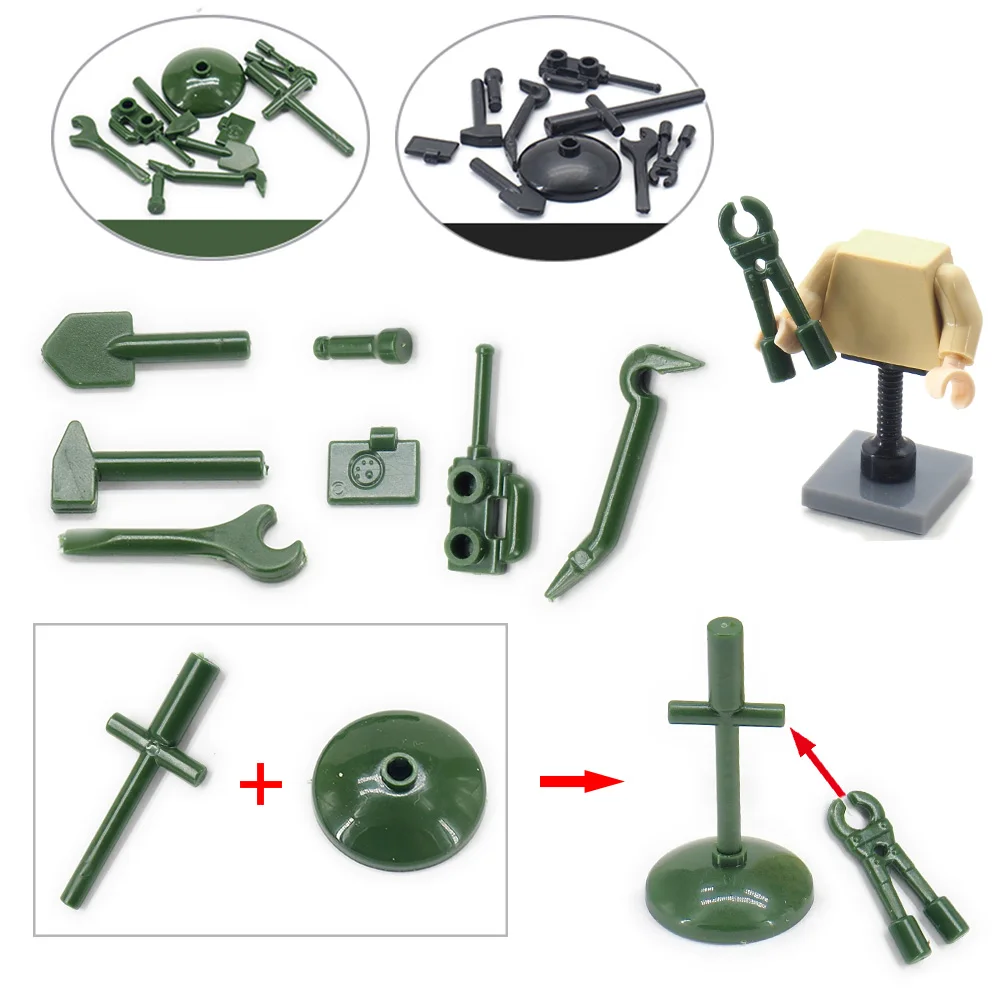 Assembly Military Green Tool Set Walkie Talkie Wrench Building Block Force Ww2 Army Logistics Figures Repair Model Boy Gift Toys