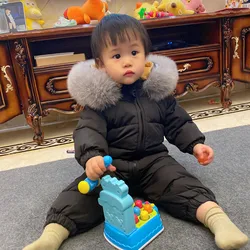 Toddler Baby Winter Down Romper Real Fox Fur Hodded Jumpsuit Boys Girls Thick Warm Coats 0-3Years Old