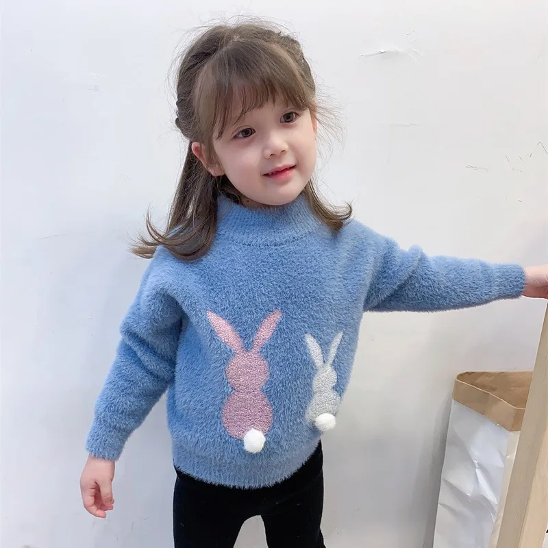 Kids Casual Sweaters for Girls Clothes Autumn Winter 2024 Child Cute Cartoon Rabbit Soft Pullover Toddler Thicken Knitted Tops