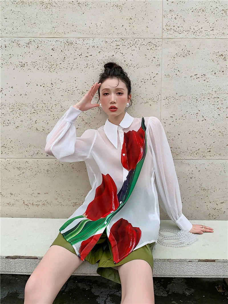 CHEERART Mesh White Button Up See Through Shirt Oil Painting Lantern Sleeve Top Floral Transparent Shirt High Fashion Fall 2021