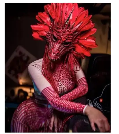 Nightclub Dj Ds Gogo Dance Cosplay Costume Red Feather Dragon Headress Chinese Jumpsuit Festival Outfit