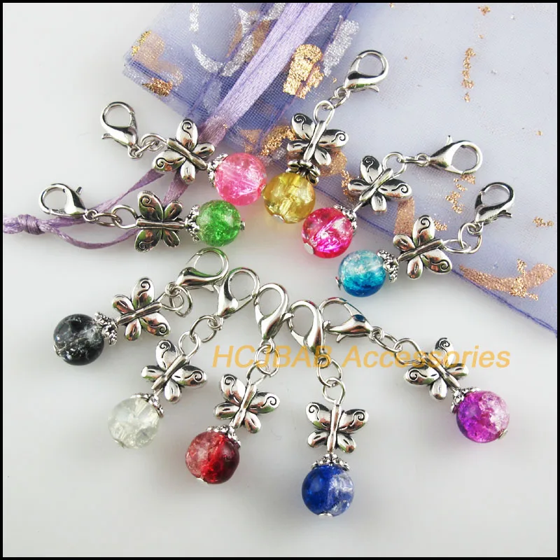 10 New Butterfly 11x22mm Charms Mixed Shivering Glass Tibetan Silver Plated Retro With Lobster Claw Clasps