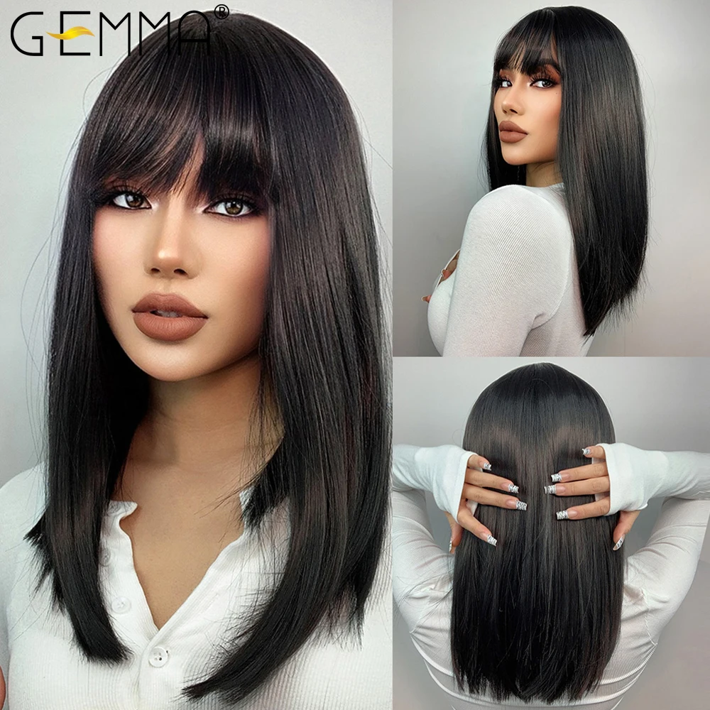 GEMMA Natural Black Medium Straight Bob Synthetic Wig Hair Cosplay Party Lolita Women Girls Wigs with Bangs Heat Resistant Fibre