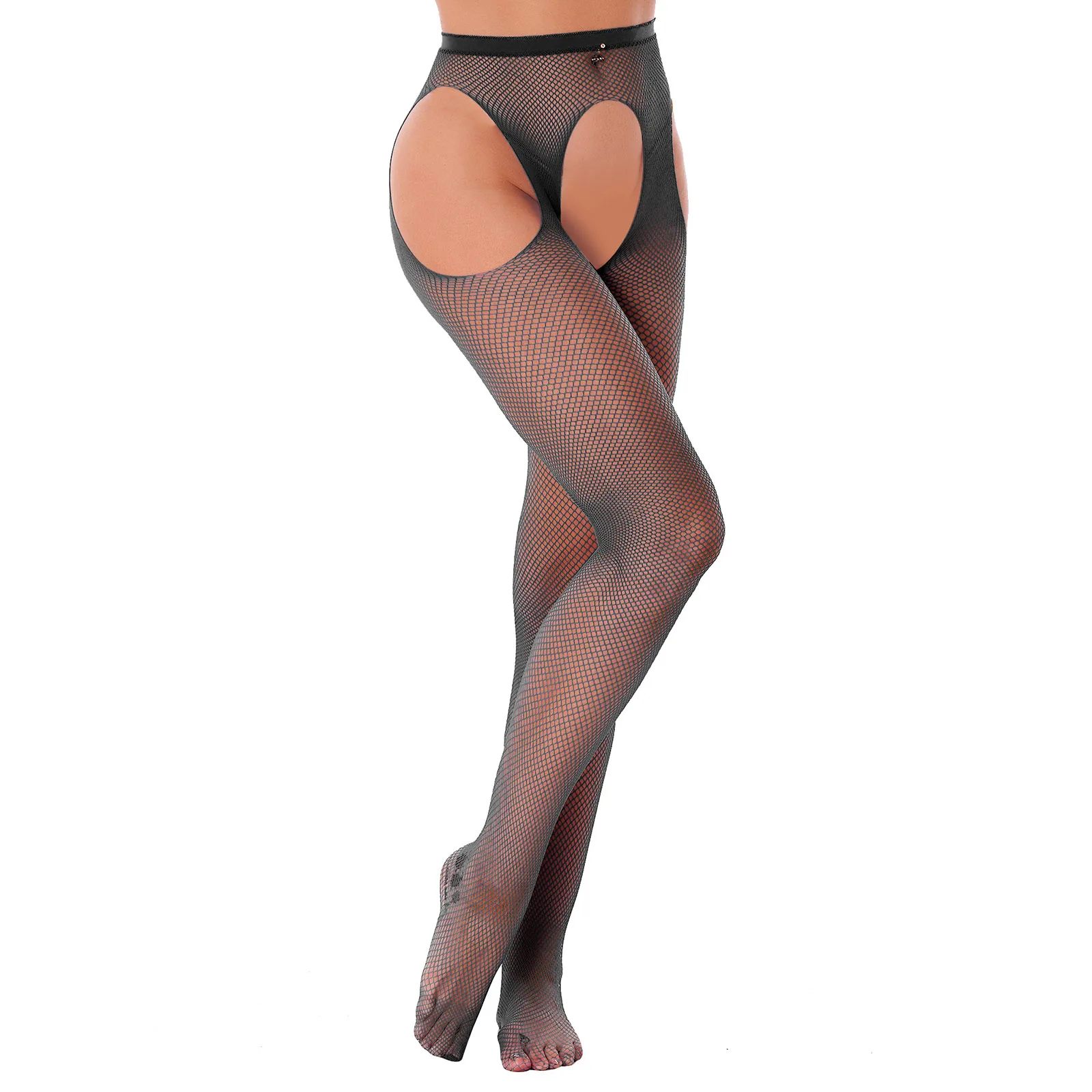 Women Sexy Solid Color Stretchy Leggings See Through Hollow Out Fishnet Stocking Lingerie Cutout Crotchless Tights Pantyhose