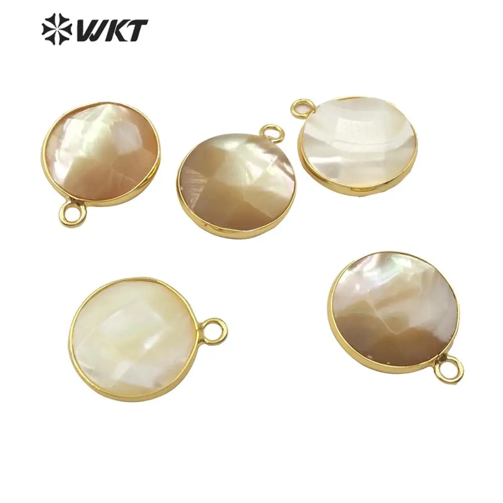 WT-JP182 Wholesale Charming High Polish Faceted Round Waterdrop Shape Natural Shell Pendant 16MM Gold Bezel Plated For DIY