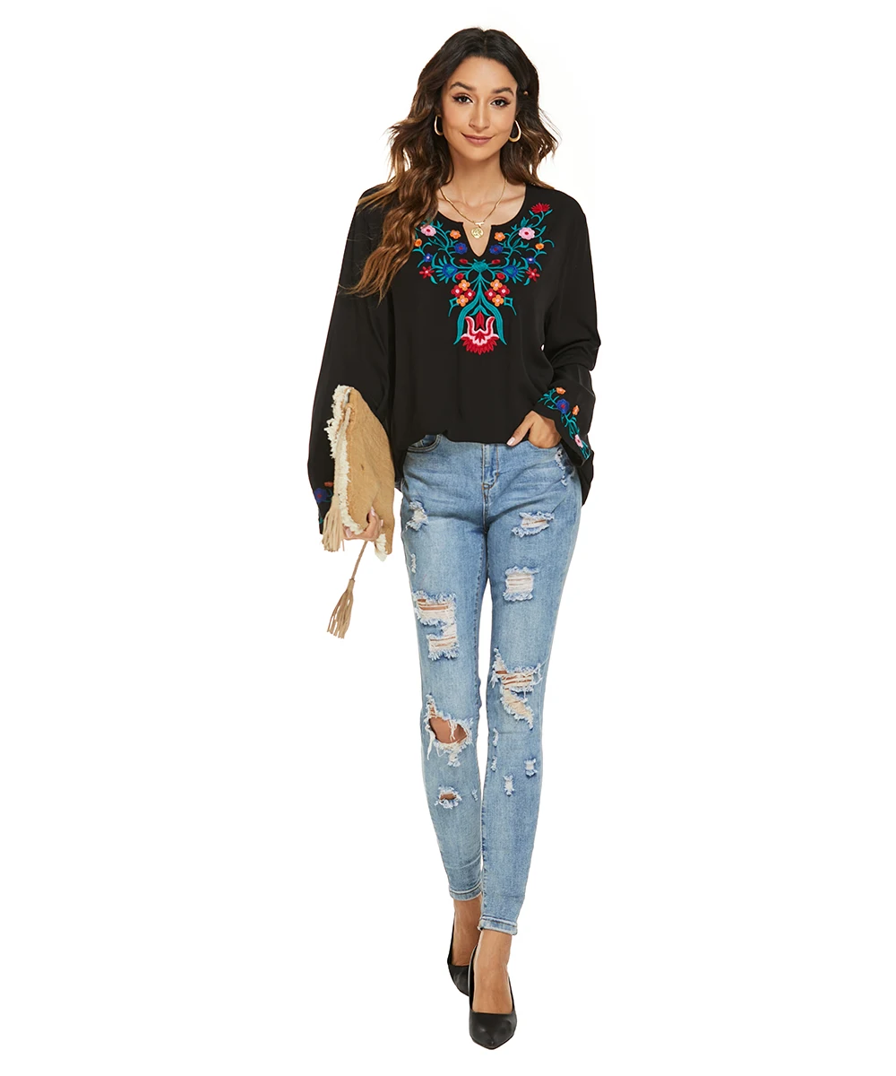 Floral Boho Embroidery Blouse for Women, Mexican Black Vintage Blouse, Long Sleeve, Plus Size, Ethnic Top