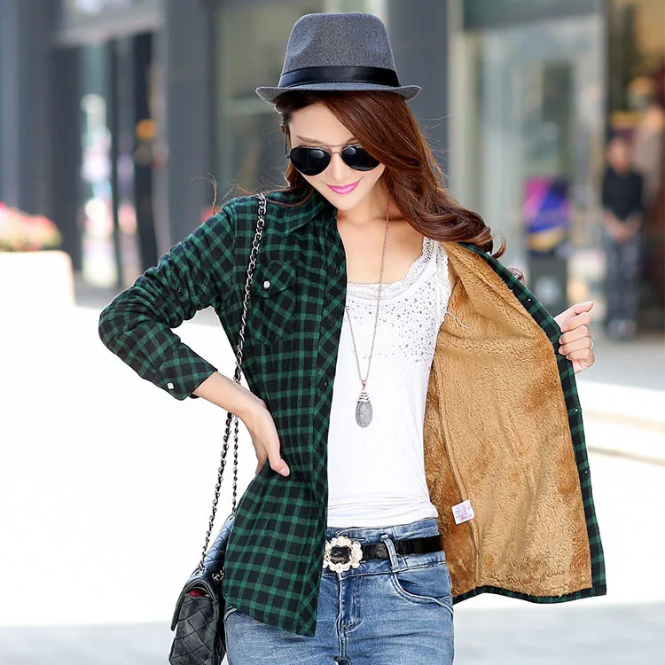 2023 Winter New Hot Sale Women Plus Velvet Thicke Warm Plaid Shirt Style Coat Jacket Woman Casual Tops Clothes Lady Outerwear