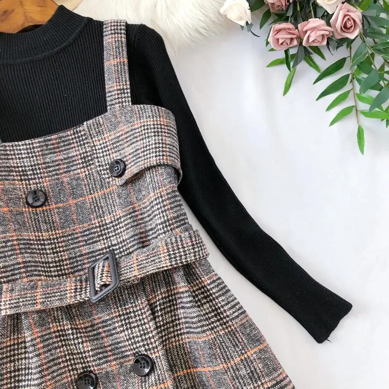 Fashion Autumn Winter Two Piece Set Dress Women Plaid Woolen Spaghetti Strap Dress With Belt Streetwear Knee-Length Sundress