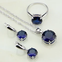 925 Sterling Silver Jewelry Round Blue Cubic Zirconia Wedding Bridal Jewelry Sets For Women Earring/Pendant/Necklace/Ring