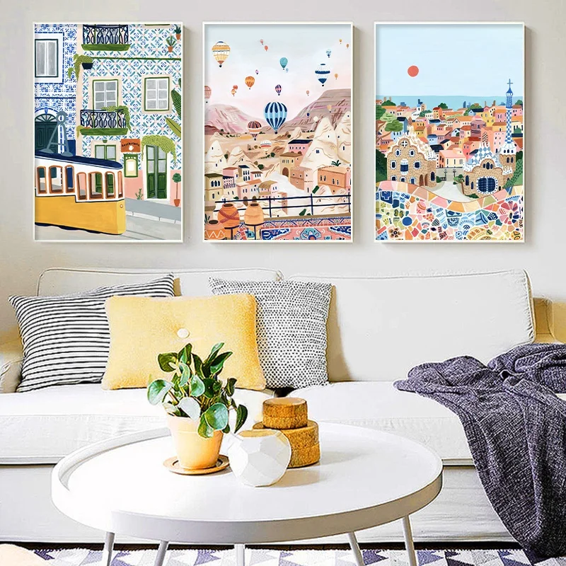 Muur Kunst Canvas Landschap Poster Schilderen Retro Reizen Beroemde Steden Spanje Turkije Italië Foto Print Woonkamer Woondecoratie