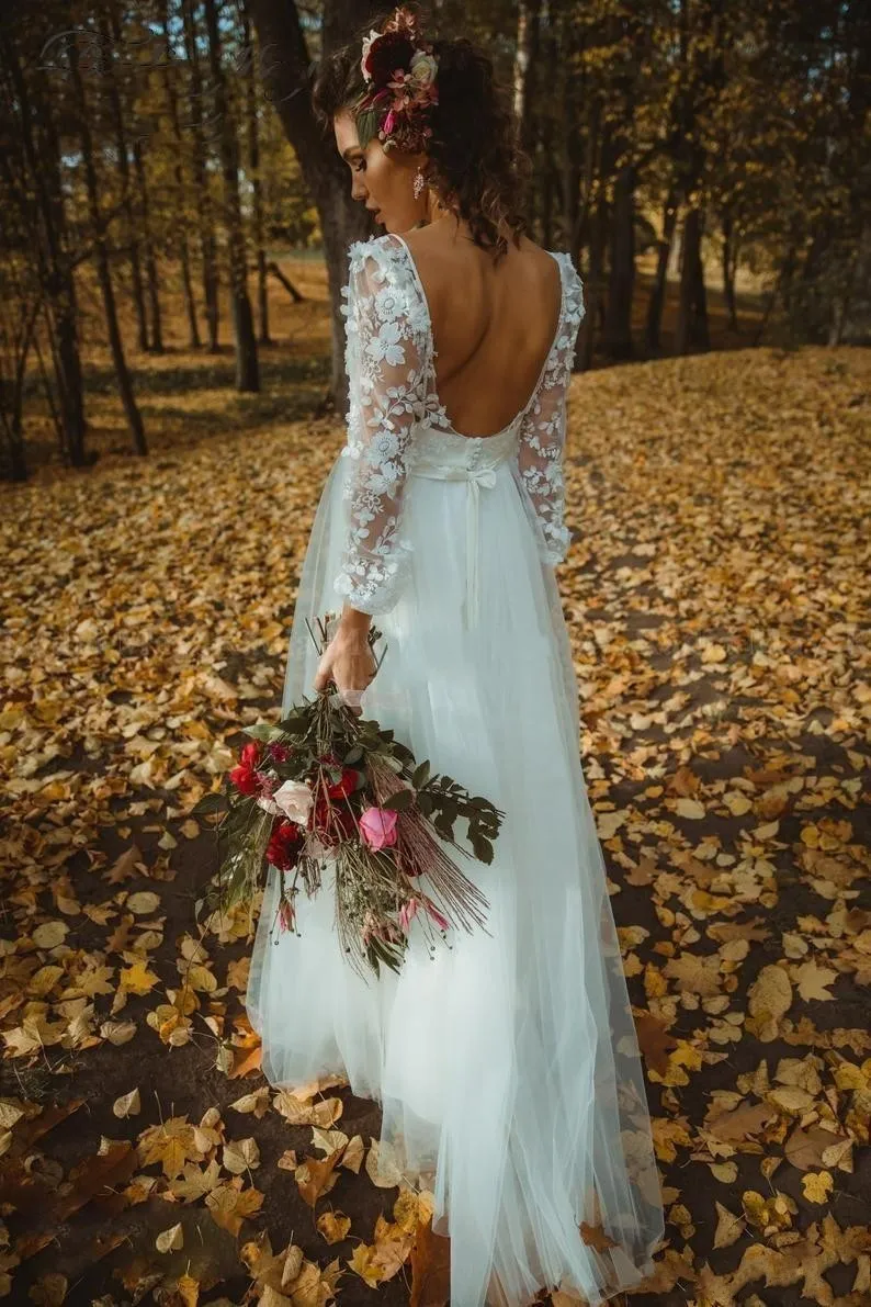 E JUE SHUNG Country Backless Wedding Dresses Illusion Long Sleeves Scoop Neck Bow Lace Appliques Wedding Gowns vestido de noiva