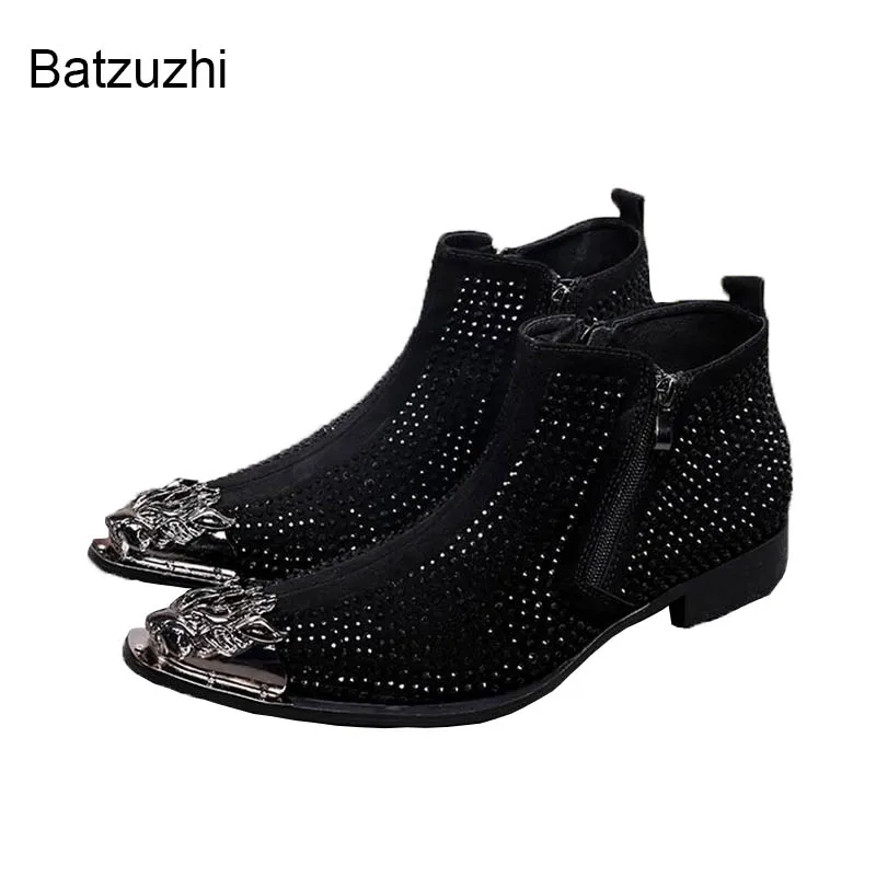 Batzuzhi Men's Black Ankle Boot Designer Luxury Fashion Rhinestone Metal Pointed Toe High Suede Leather Shoes Zip Black/Red Boot