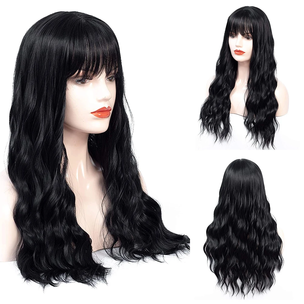 Aigemei Long Synthetic Hair Wigs With Bang 26Inches Water Wave Curly Hair For Woman High Temperature Fiber black brown color