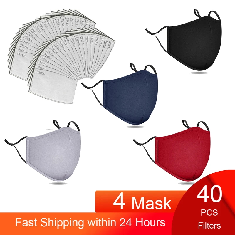 

40 PCS Filters Fashion Reusable Washable Mask Anti Pollution PM2.5 Mouth Respirator Dust Face Masks Cotton Unisex Muffle Black