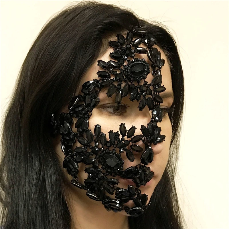 INS Fashion Handmade Gun Black Masks Decoration Face Jewelry for Women Luxury Black Rhinestone Mask Chain Face Accessories