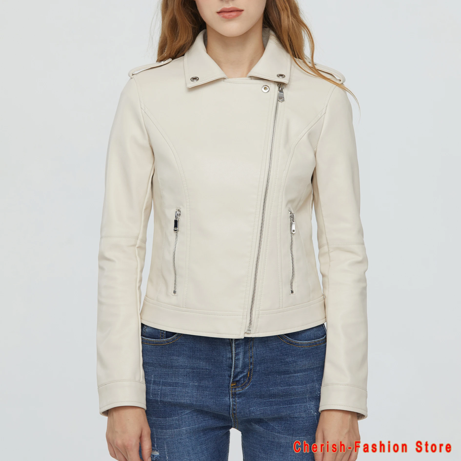 Nieuwe Collectie Brand Winter Herfst Zwarte Motorfiets Lederen Jassen Beige Lederen Jas Vrouwen Leren Jas Slanke Pu Lederen Jas