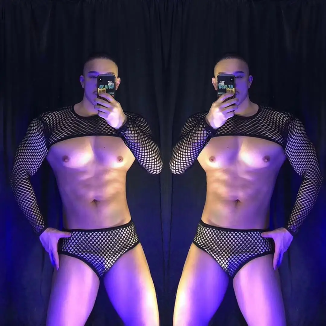 Men's Fluorescent Green Shoulder Sleeve Shorts Bar Dancers Nightclub DJ Stage Performance Rave Outfit Sexy Pole Dance Costume