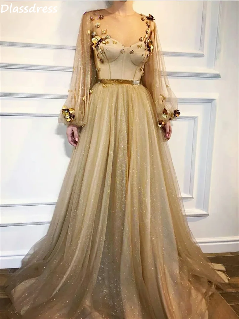 Jóias de ouro vestido de Baile Vestido 2020 Lantejoula Tulle Mangas Compridas Pescoço Flores A Linha de Trem Da Varredura Vestidos de Noite платья знаменитостей