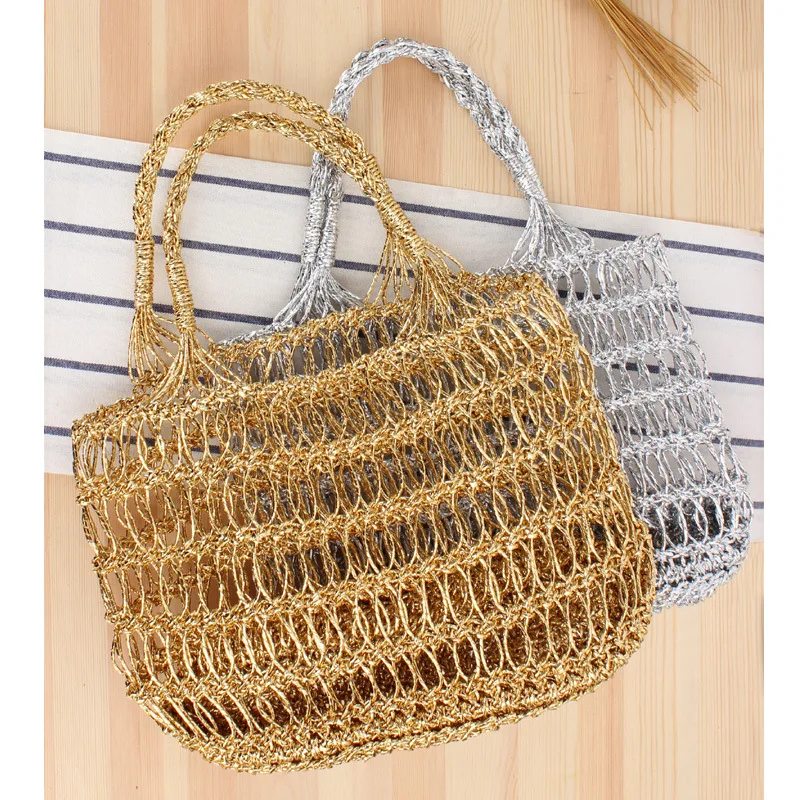 33x23CM Ins Nuovo Oro E Filo D'argento Hollow Crochet della Mano del Sacchetto di Tendenza Femminile Sen Vacanza Al Mare Della Borsa borsa di paglia a7151