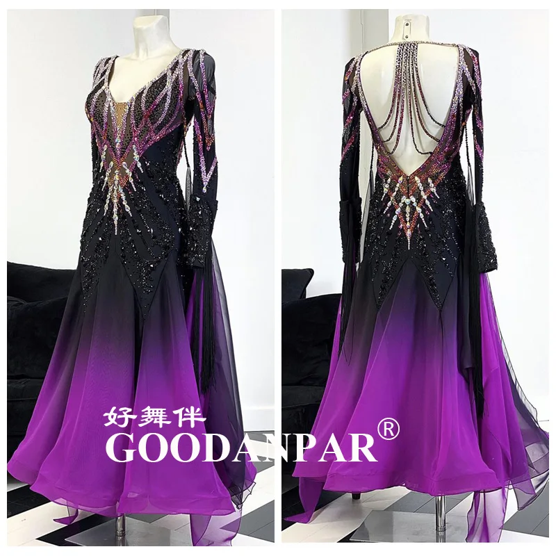 GOODANPAR New Standard Ballroom Dance Dress Women Girls Competition Costume  Lycra Waltz Stage long sleeve purple