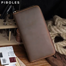 Portafoglio uomo classico in pelle di cavallo pazzo pochette retrò in vera pelle porta carte di credito multifunzione portafoglio lungo tasca con cerniera