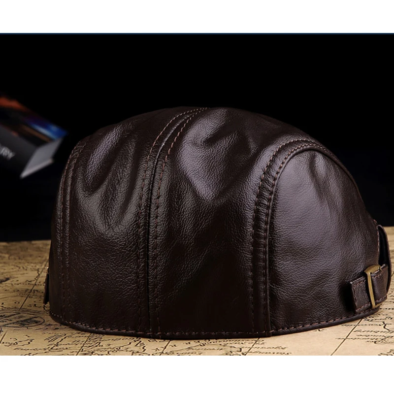 Men Street Bonnet Genuine Leather Beret Male Thin Hats 55-60 cm Adjustable Forward Cap Leisure Duckbill Casquette Cowhide