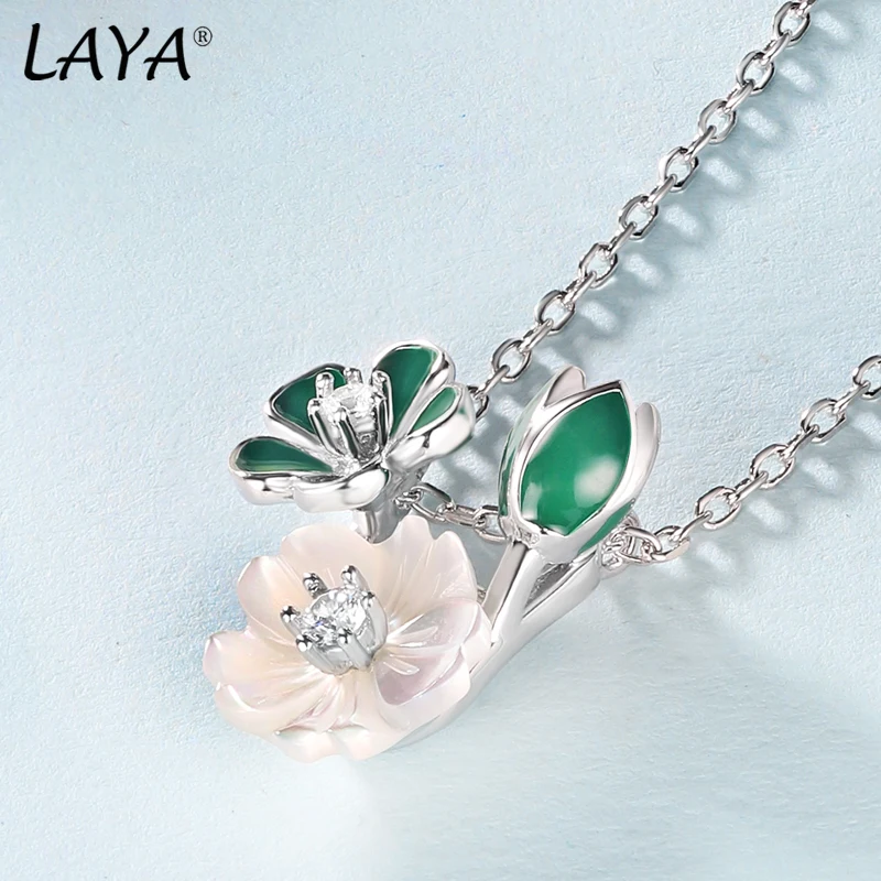 LAYA 925 Sterling Silver Shining Zircon White Pink Flower Green Leaf Enamel Necklace Earrings Ring For Bridal Wedding Jewelry