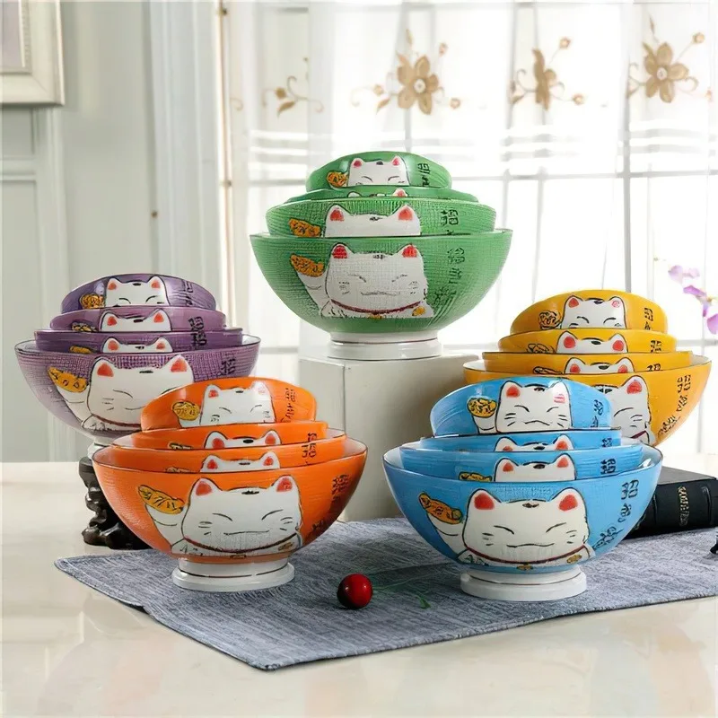 1pcs Ceramic High Bowl Japanese Colorful Lucky Cat Soup Bowl Underglaze Dinnerware Household Kitchen Supplies Children Tableware