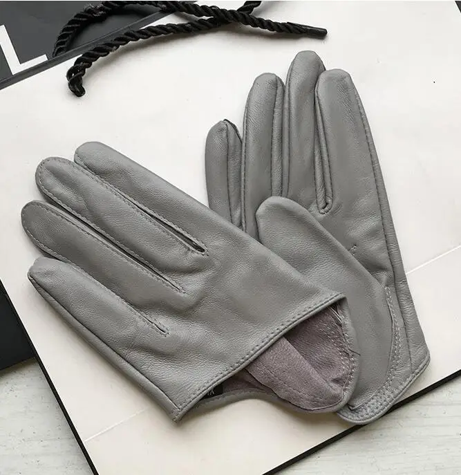 Women's Natural Sheepskin Leather Solid White Color Half Palm Gloves Female Genuine Leather Fashion Short Driving Glove R1169