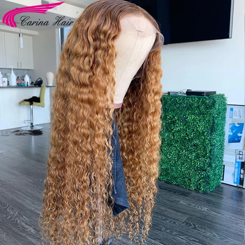 Curly Honey Blonde สีลูกไม้ด้านหน้าวิกผม13X4วิกผมก่อน Plucked Ombre สีบลอนด์ Remy ลูกไม้ Glueless Wigs สำหรับผู้หญิงสีดำ