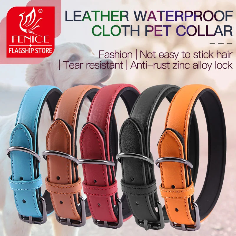 Fenice Leather Waterproof Pet Collar Colorful Wakling Dog Tools Durable Adjustable for Large Small Medium Dogs