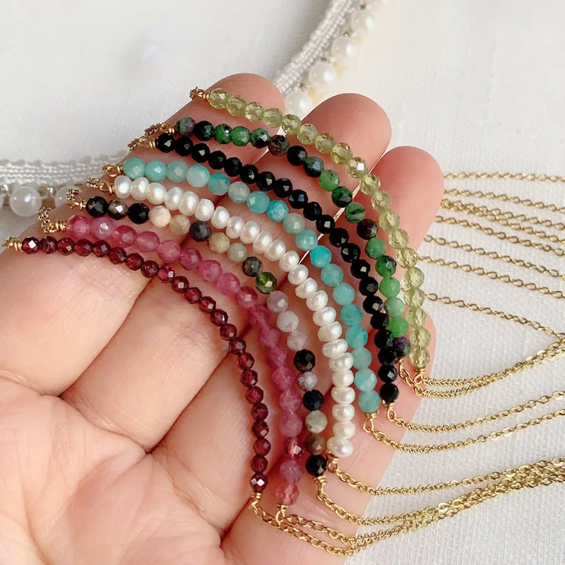 Healing Natural Crystal Stone Necklace for Women Simple Chain Smile Pendant Choker Pearl Charm Pink Tourmalines Crystal Necklace view 5