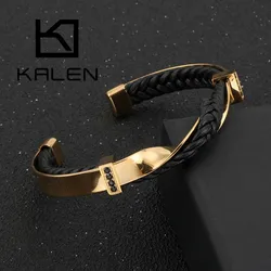 KALEN Unique Irregular Bracelets For Men Gold/Color Stainless Steel Cowhide Leather Men Charm Bangles Hip Hop Male Jewelry