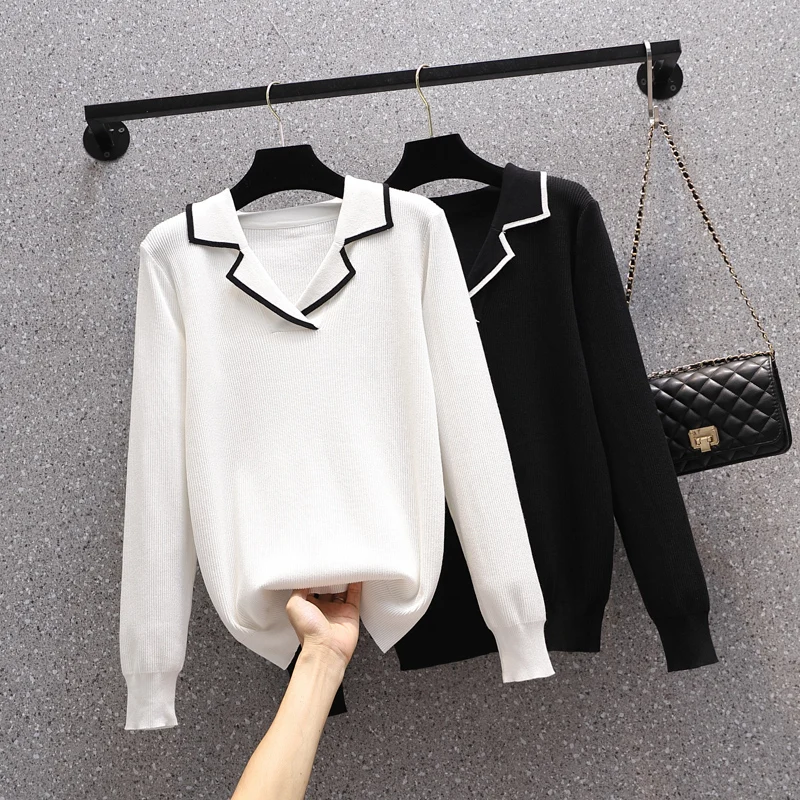 Size 4XL Shirt Collar Stripe Knitted Pullovers Women Soft Stretch Loose Knitwear tops Casual Spring Sweaters Jumper Female