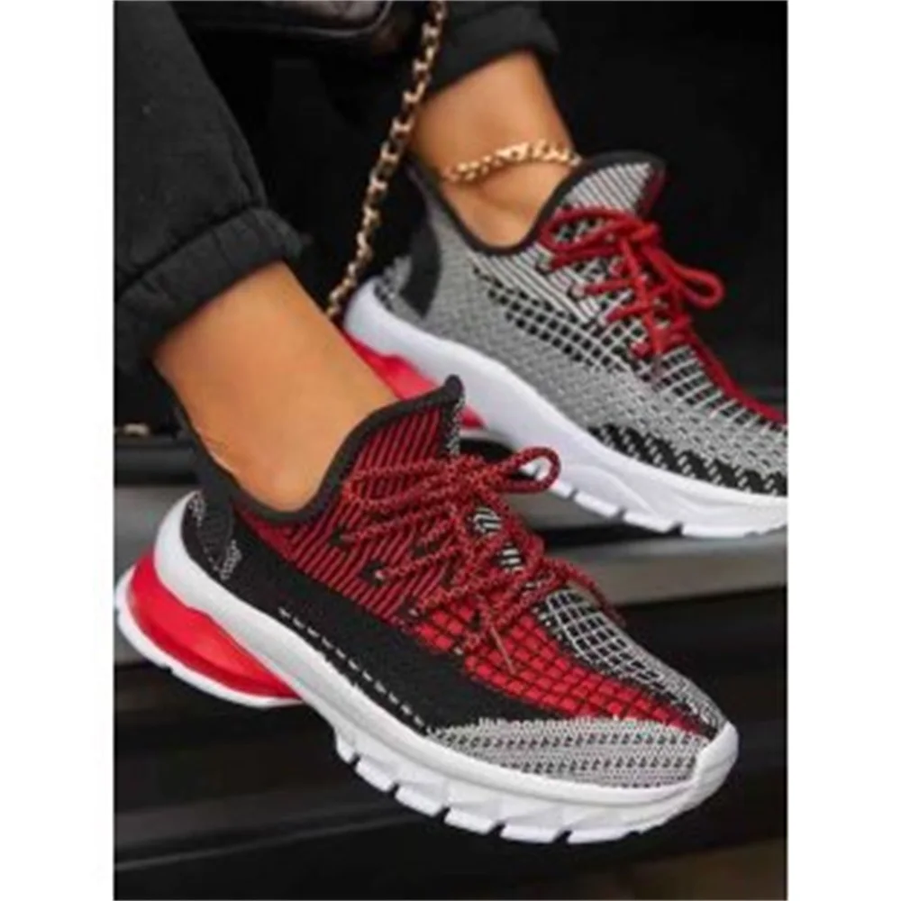 Woman Sneakers Trends 2024 Spring Mix Color Knitted Fabric Sport Shoes 35-43 Large-Sized Flats Female Shoes