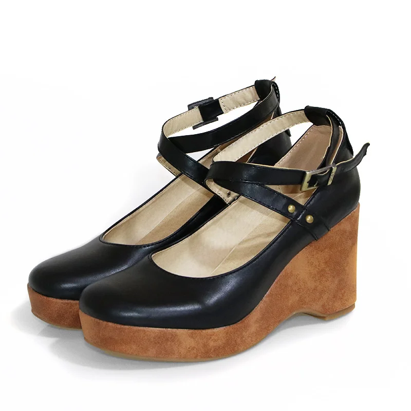 Brown Punk Chunky Platform Mary Jane Women Pumps Shoes High Heels Cross-tied Pu Round Toe Buckle Plus Size Goth Shoes