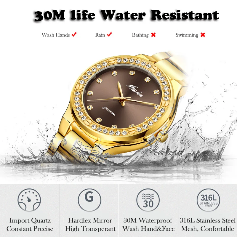 MISSFOX Elegant Woman Watch Luxury Brand Female Wristwatch Japan Movt 30M Waterproof Gold Expensive Analog Geneva Quartz Watch