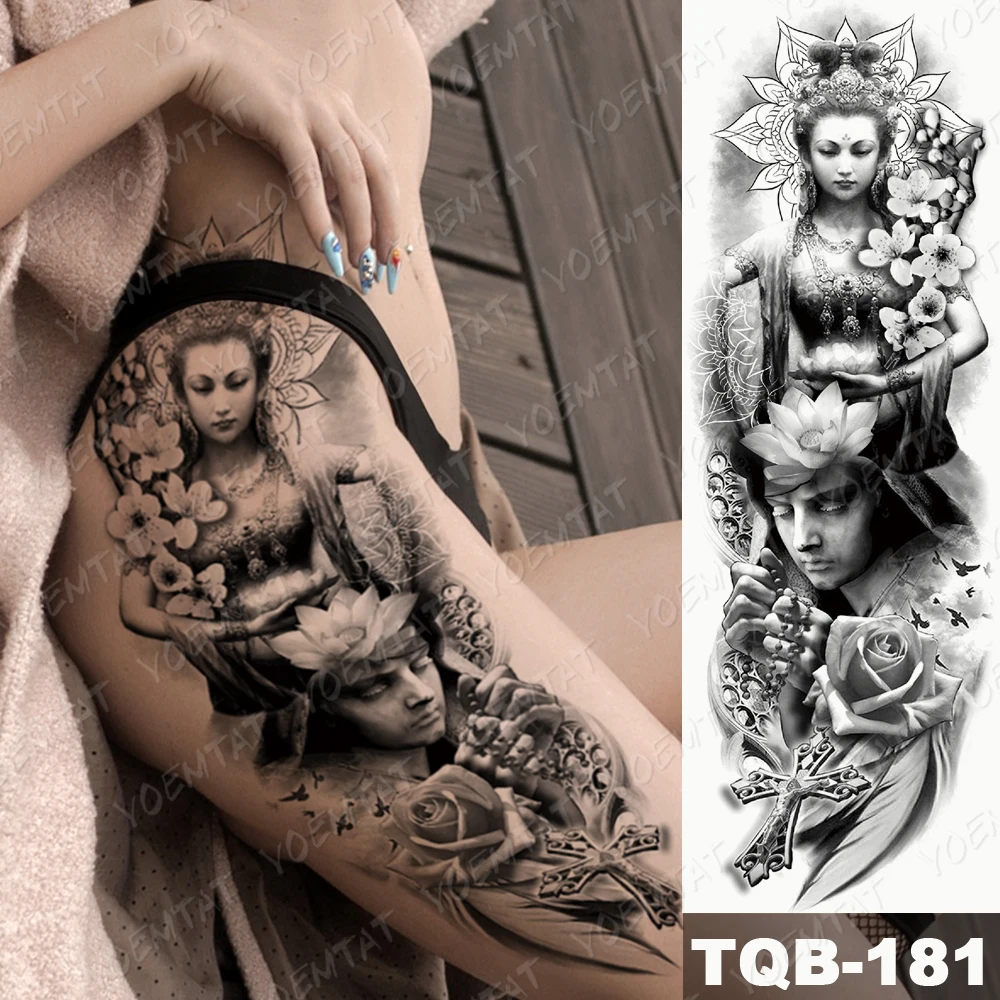 Tatuaje de manga de brazo grande para mujer, calcomanía de pistola temporal impermeable, arte corporal de castidad, Geisha, Samurai