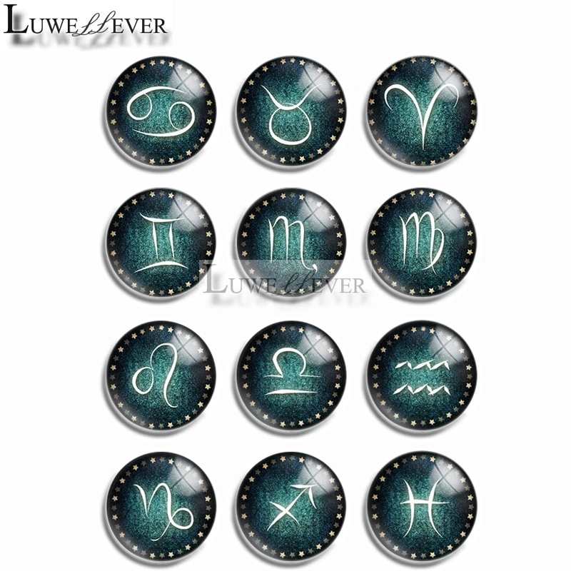 10mm 14mm 16mm 12mm 20mm 25mm 393 12pcs/lot Zodiac Mix Round Glass Cabochons Jewelry Findings 18mm Snap Button Charm Bracelet